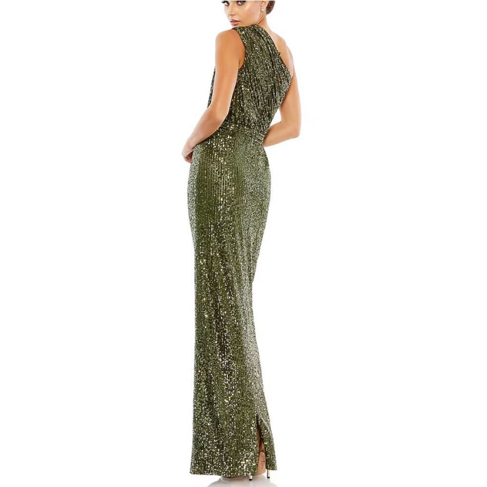 One-Shoulder Sequin Evening Gown - Olive Green